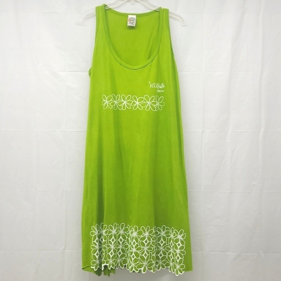 Sundress Lime Green White Floral Print Sleeveless Scoop Neck Scalloped Hem Beach - Picture 8 of 8